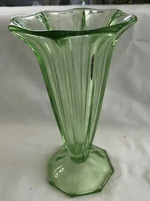 Buy Art Deco Flower Vase, Footed & Panelled With Octagonal Rim & Base, Green Glass • 15£