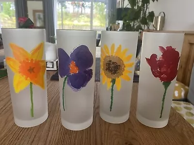 Buy Dartington Designs, Hand Painted Flower Design Frosted Highball Glasses X 4 • 26.99£