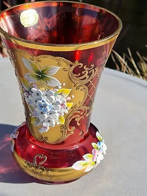 Buy Vintage Bohemia Cranberry Glass Czech Vase Gold Gilt 3D Floral Enamel Labelled  • 29.99£