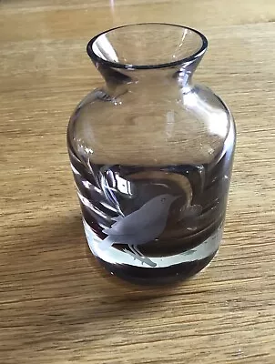 Buy Caithness Peat Braemore Smoked Glass Vase With Robin Bird Etched Hand Made 1970s • 14.59£