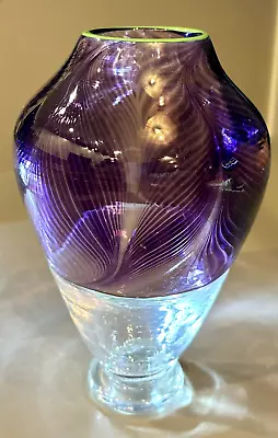 Buy Handblown Metallic Iridiscent Purple Clear Pulled Feather Studio Art Glass Vase • 43.29£