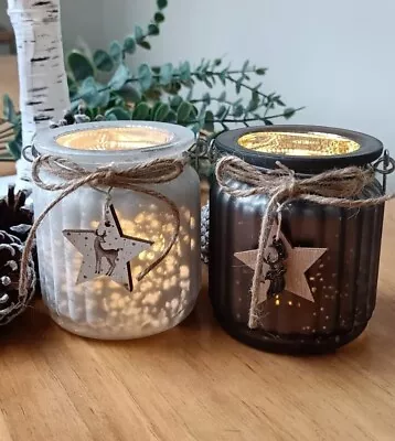 Buy A Pair Of Frosted Glass Candle Pots T Light Holders With Star Hangers 9cm • 15.99£