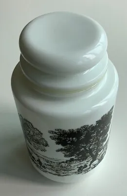 Buy Vintage Retro White Opaline Milk Glass Glass Jar Countryside Scene Air Tight Lid • 6£