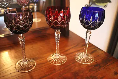 Buy 3  Bohemian Cut To Clear Crystal Hock Wine Glasses Goblets 3 Colors Euc • 170.49£