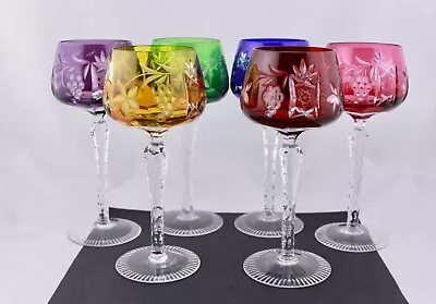 Buy Set Of 6 Ajka/bohemian Crystal Cut To Clear Multicolor Hock Wine Goblets - Mint • 374.68£