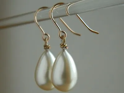 Buy Vintage 1940s Large Pale Cream Glass Pearl Tear Drops, Rolled Rose Gold Earrings • 12.50£