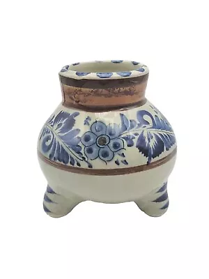 Buy Tonala Pottery Three Footed Round Blue Brown Vase Hand Painted Floral 5  Mexico • 18.13£