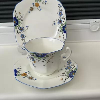 Buy Fenton Bone China Trio Blue Flowers Square T Plate Saucer 7 Sided & Tea Cup • 6£