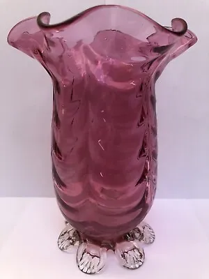 Buy Antique Victorian Cranberry Glass, Frill Top, Ribbed & Footed 7.25'' Vase VGC • 12.99£