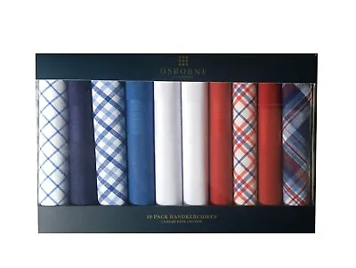 Buy 10 High St Osborne Luxury Fine 100%  White Red Blue Check Handkerchiefs Hankies • 10.49£