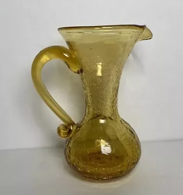 Buy Vintage MCM Blenko Crackle Glass Pitcher Vase 5.25” Amber W/ Applied Handle Boho • 27.60£