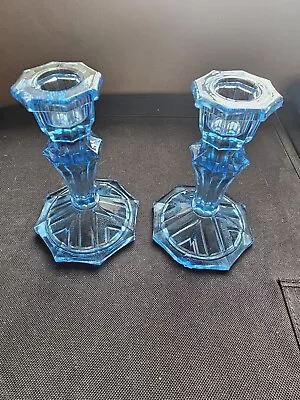Buy Vintage Collectable Blue Pressed Glass Art Deco Candlestick Holders. • 15£