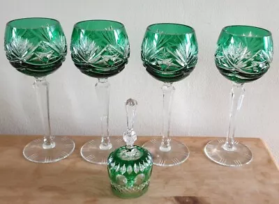 Buy 4x Bohemian Green Crystal Wine Glasses And Bell • 125£