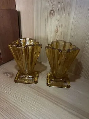 Buy Art Deco Matching Pair Amber Glass Vases Vintage Approximately 10cm Tall • 15£