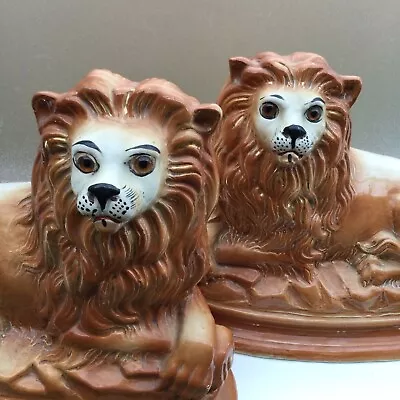 Buy Pair Large 30cm Antique Victorian Staffordshire Pottery Glass Eyed Mantle Lions • 99.99£