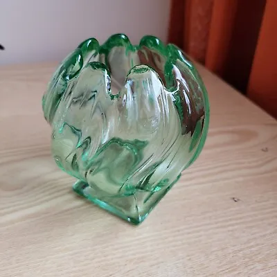 Buy Vintage Green Glass Swirl Round Vase Bowl Small Size Art Deco • 10£