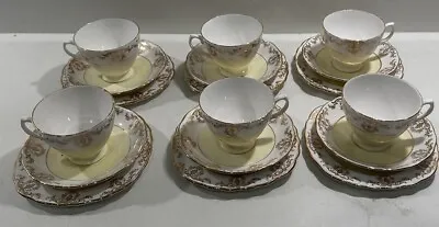 Buy Vintage Royal Vale Trio Tea Cup Saucer Set For 6 Yellow White Gold Bone China • 39.99£