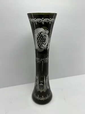 Buy EGERMANN CZECH BOHEMIAN Glass Etched Vase Olive Green • 40.33£