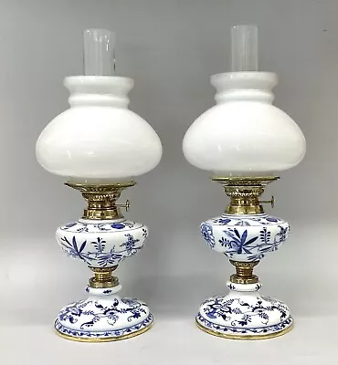 Buy Antique Meissen Blue Onion Oil Lamps A Pair Victorian Crossed Sword Marks • 790£