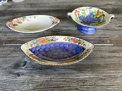 Buy Vintage Maling Pottery Pedestal Bowl, Oval Lustre And Thumbprint Dishes • 15£