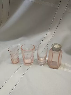 Buy Vintage Lot 4 Small Pink Depression Ware Shot Glass Ribbed Etched Shaker Paneled • 56.77£