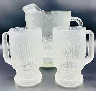 Buy 2 Vtg 1980s Indiana Glass Crystal Ice Bark Footed Mugs & 1 Pitcher • 17.29£