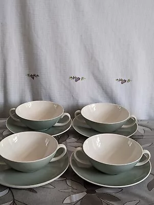 Buy Poole Pottery Cameo Celadon Green Two Handled Soup Bowls With Saucers • 4.99£