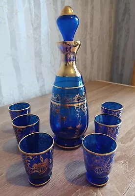 Buy Vintage Venetian Cobalt Blue Decanter With Set Of 6 Glasses - Gold Decoration • 9.50£