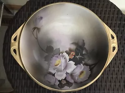 Buy Noritake M Hand Painted 10-1/2  Gold Handled Bowl Japan Lavendar Roses (NF) • 33.39£