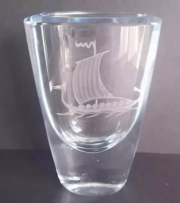 Buy Vintage Signed STROMBERG Art Glass Viking Ship Etched Vase 3852 Pale Blue SWEDEN • 19.99£