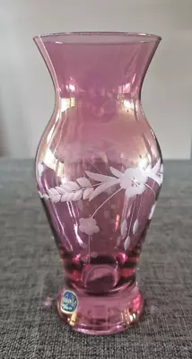 Buy Vintage Bohemia Cranberry Glass Vase With Etched Floral Design & Original Label • 4£