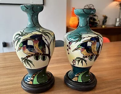 Buy Pair Vintage Art Deco Troy Intarsio Style Vases Kookaburra Wood Stands 23cm High • 29.99£