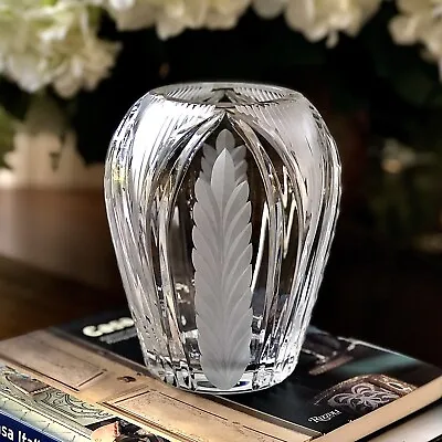 Buy Vintage Art Deco Cut Crystal Vase Stylized Frosted Fern Leaves Heavy Bold 6.5” • 39.83£