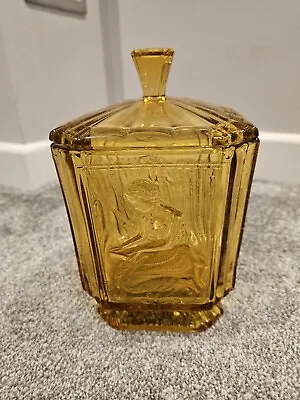 Buy Sowerby Glass - Vintage Art Deco Amber Glass 'Pandora's Box' Biscuit Jar Lidded • 25£