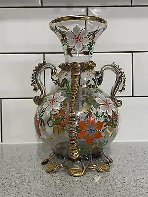 Buy Two Handled Richly Gilded Glass Vase With Enamelled White & Orange Flowers • 39.95£