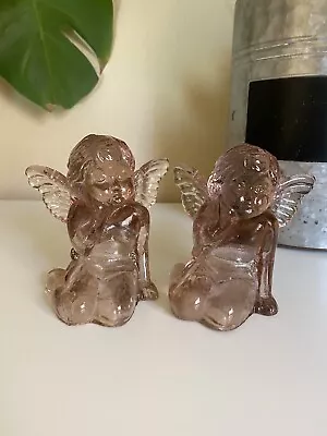 Buy Vintage Pair Of Peachy Pink Cherub Angel Glass Candle Stick Holders Heavy • 14.01£