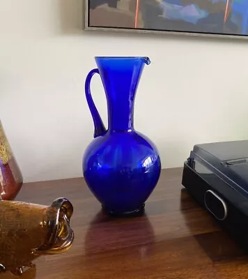 Buy Vintage | Cobalt Blue Glass Empoli Jug | Mid Century Glass Jug | Glass Vase • 35£