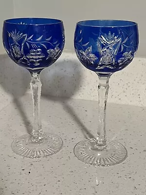 Buy Pair Of Beyer Cobalt Blue Cut To Clear Crystal Wine Hock Glasses Grapes Vineyard • 56.70£
