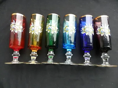 Buy Six Harlequin Coloured Bohemian Czech Straight Wine Glassesfloral Motif - 17cm • 19.99£