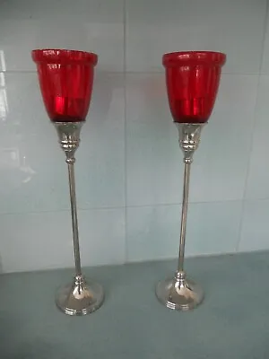 Buy Two Silver Coloured Metal And Red Glass Candle / Tea Light Holders - India Jane • 9.95£