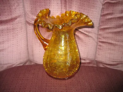 Buy Hand Blown Amber Crackle Glass Pitcher Vase W Amber Applied Handle 6 1/2  Tall • 23.80£