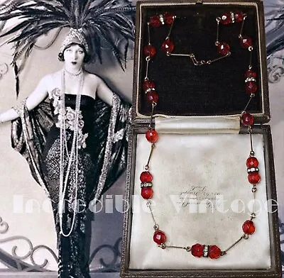 Buy Vintage Art Deco Czech Ruby Red Crystal Beads Necklace Rolled Gold Romantic Gift • 49.95£