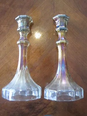 Buy Pair Vintage Antique Clear Iridescent Carnival Glass Candlesticks Candle Holders • 19.20£