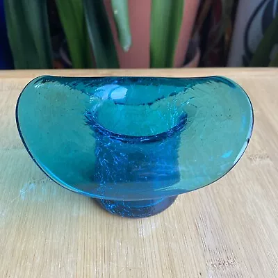 Buy BLENKO Art Glass Hand Blown Teal Blue Crackle Glass Small Vase Mini Top Hat CM1 • 26.99£