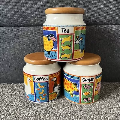 Buy FARMYARD Jane Brookshaw DUNOON Stoneware Set Of 3 Storage Jars Tea Coffee Sugar • 24.99£