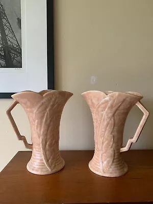 Buy Pair Of Art Deco ARTHUR WOOD HARFORD Pottery Vases Jugs Speckled Peach Glaze • 20£