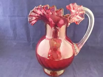 Buy Large Cranberry Glass Ruby Red Swirl Jug With Clear Ribbed Handle. • 23.96£