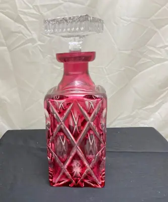 Buy Cranberry Red Iridescent Cut Glass Crystal Square Decanter Vintage • 97.24£