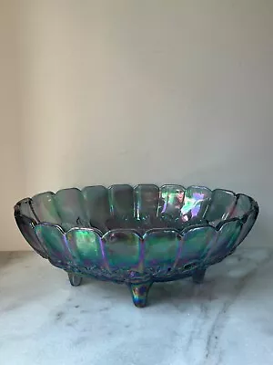 Buy Vintage Blue Iridescent Indiana Carnival Glass Oval Footed Serving Fruit Bowl • 47.08£