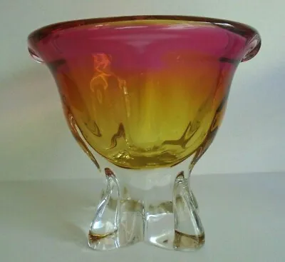 Buy CHRIBSKA Sommerso Art Glass Bowl Vase Pink & Yellow Topaz JOSEF HOSPODKA Czech • 22.99£